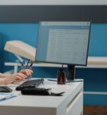 Nurse typing on computer keyboard for consultation and appointment. Medical assistant using technology for healthcare system in doctors office. Specialist working with medical equipment
